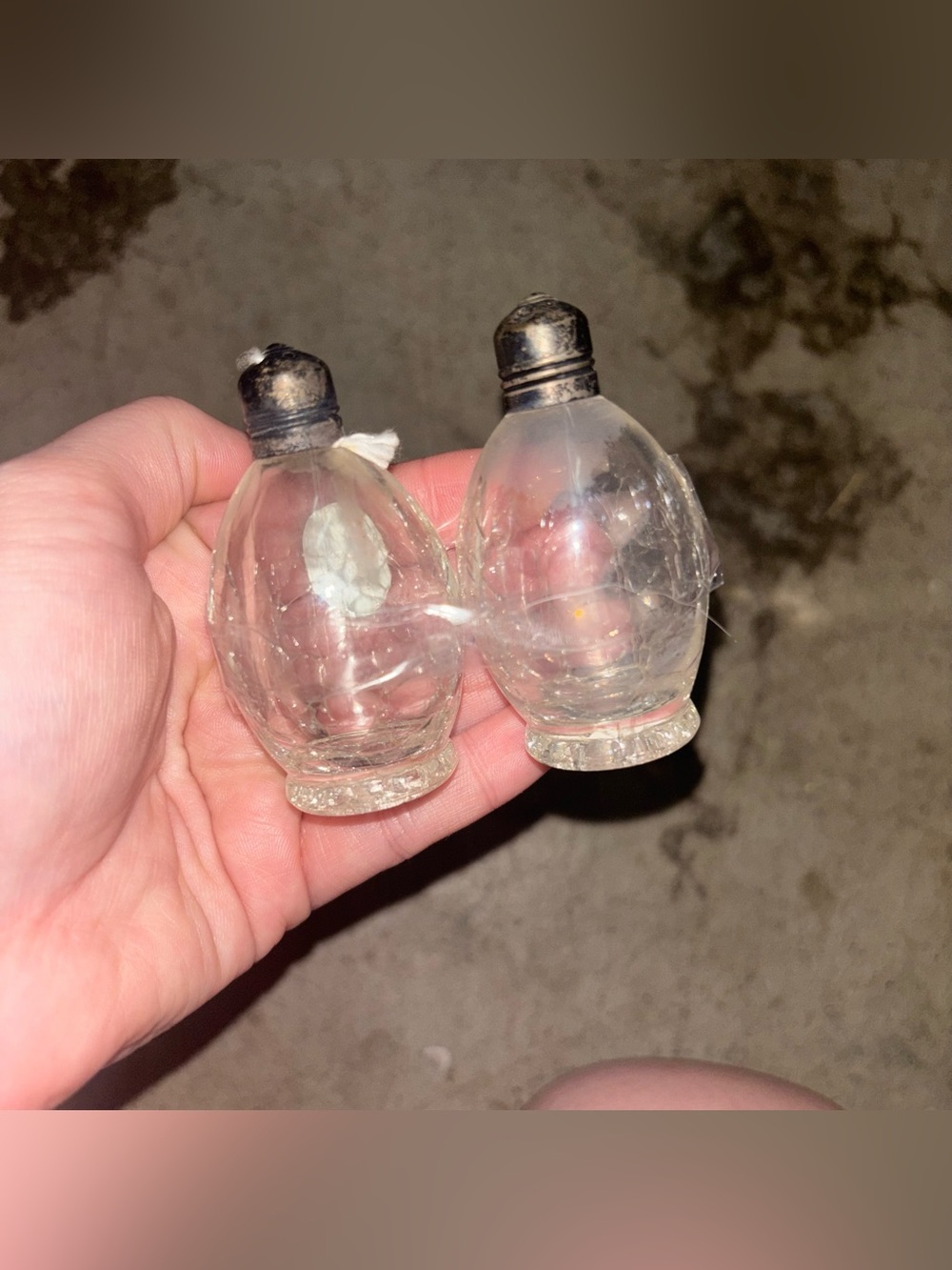 Vintage Glass Crackled Egg Shaped Salt and Pepper Shakers with Sterling Tops